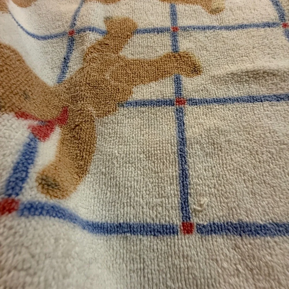 Vtg Teddy Bear Bath Towel Set 3 Pc Windowpane Grid Red Bows Cottagecore Retro